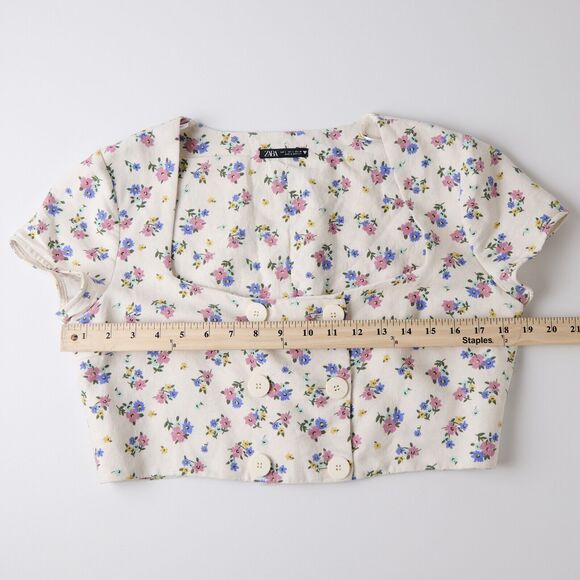 Zara Crop Blouse Top Womens L Romantic Floral Square Neck Cottage Retro Regency - Picture 4 of 7